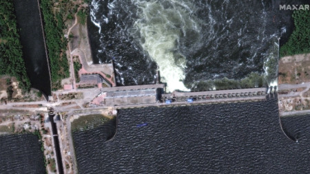 Satellite image of the Nova Kakhovka dam after the dam was blown up.