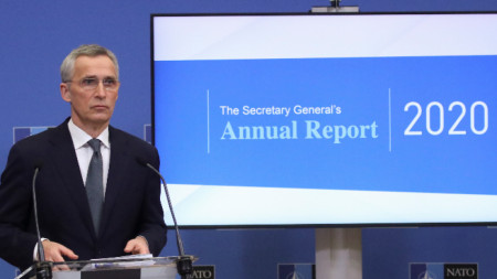 NATO Secretary General Jens Stoltenberg presenting the 2020 Annual Report in Brussels on March 16