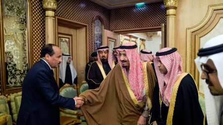 Президентът на Мавритания Мохамед улд Абдел Азиз се ръкува с престолонаследника на Саудитска Арабия Мохамед бин Салман.