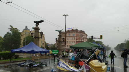 The camp of the protesters at Eagles' Bridge in Sofia after the heavy rainfall this afternoon