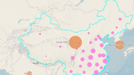 Карта на СЗО за заразените от коронавирус в Китай към 21-ви февруари