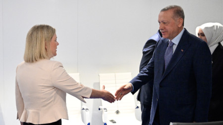 Шведският премиер Магдалена Андерсон и турският президент Реджеп Тайип Ердоган се ръкуват след разговори за кандидатурата на Швеция и Финландия за НАТО преди срещата на върха на НАТО в Мадрид, 28 юни 2022 г.