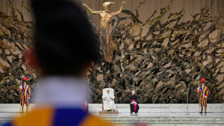 Снимка, предоставена от Vatican Media, показва папа Франциск по време на общата му аудиенция във Ватикана, 25 януари 2023 г. 