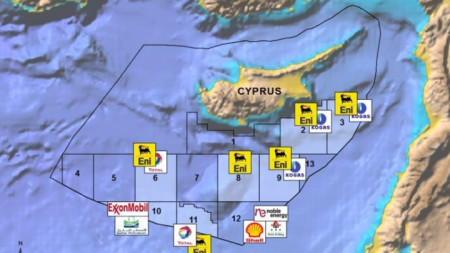 Карта на блоковете около Кипър с компаниите, получили лицензи за газови проучвания.