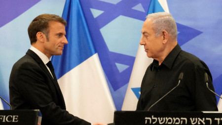 Франският президент Еманюел Макрон (вляво) и министър-председателят на Израел Бенямин Нетаняху - снимка от 24 октомври 2023
