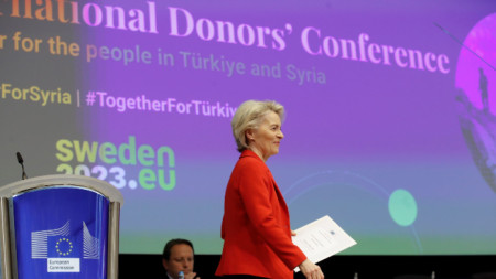Председателката на ЕК Урсула фон дер Лайен по време на донорската конференция за Турция и Сирия - Брюксел, 20 март 2023