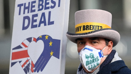 Протестиращ про ЕС по време на преговорите за Брекзит в Лондон, 13 ноември 2020 г.