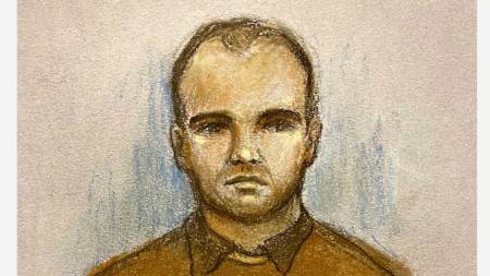 Орлин Русев -  изображение на съдебния художник по делото в Лондон.