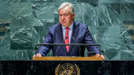 Генералният секретар на ООН Антонио Гутериш говори по време на 78-ата сесия на Общото събрание на ООН в централата на организацията в Ню Йорк, САЩ, 19 септември 2023 г.