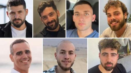 The seven hostages are pictured above. Matan Angrest is third from the left in the top row.