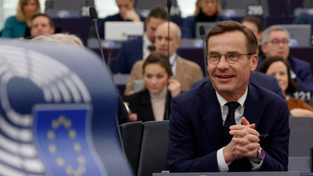 Шведският премиер Улф Кристершон по време на представянето на програмата на шведското председателство в Европейския парламент в Страсбург, Франция, 17 януари 2023 г.