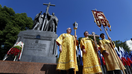 Solemn ceremony in front of the monument to Cyril and Methodius in Moscow, archive photo from May 24, 2018