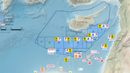 Карта, предоставена от Министерството на енергетиката на Кипър, с всички издадени лицензи към 18 септември 2019 г.