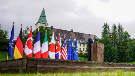 Германският канцлер Олаф Шолц по време на срещата на Г-7 в Гармиш Партенкирхен - 28 юни 2022