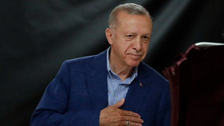 Турският президент Реджеп Тайип Ердоган в избирателната секция в Истанбул, 28 май 2023 г.