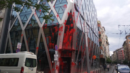 House of Europe in Sofia smeared in red paint during protest, 22 May 2023