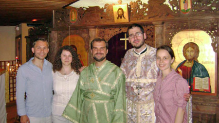 Elena Karageorgieva (first from right to left) with her husband Father Ivan and parishioners at the Bulgarian Orthodox Church in Paris.