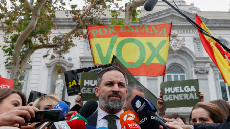 Лидерът на партия Vox Сантяго Абаскал говори пред медиите след подаването на жалба във Върховния съд срещу действащия испански премиер Педро Санчес, в която партията иска предпазно спиране на дебата за встъпването в длъжност на Санчес, Мадрид, 14 ноември 2023 г.