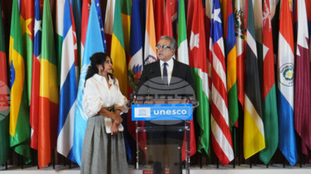 Халед ел Енани говори, след като е бил номиниран от Изпълнителния съвет на ЮНЕСКО за следващия генерален директор на организацията, Париж, 6 октомври 2025 г.