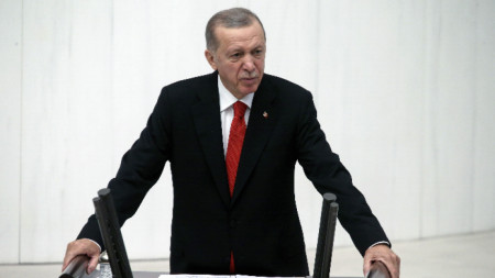 Президентът на Турция Реджеп Ердоган говори при откриването на новата законодателна сесия на парламента в Анкара, 1 октомври 2023 г.