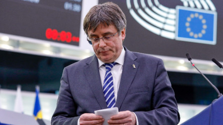 Карлес Пучдемон по време на дебат в Европейския парламент в Страсбург, Франция, 3 май 2022 г.