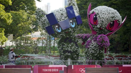 Олимпийските талисмани Мирайтоуа и Сомейти, оформени от растения