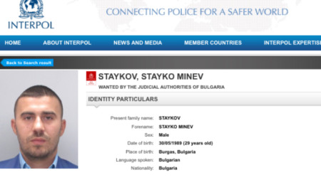 Кадър от сайта на Интерпол с данни за Стайко Стайков, който беше издирван с червена бюлетина