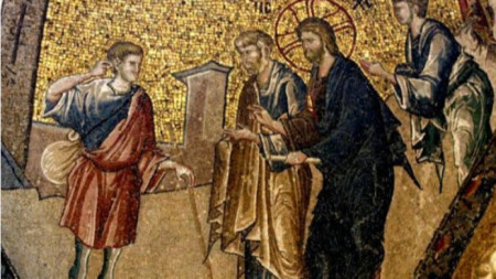 Чудото с изцеляването на йерихонския слепец. Мозайка от XIV в. в манастира „Хора“ в Истанбул.