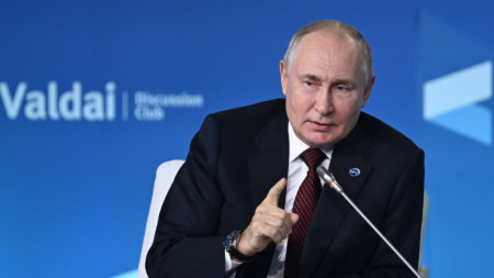 Руският президент Владимир Путин говори на Валдайския форум, 5 октомври 2023 г.