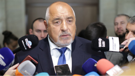 Boyko Borissov talking to reporters in parliament, 12 October, 2023