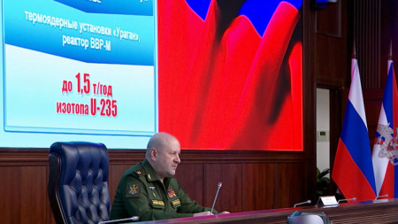 Игор Кирилов, началник на руските сили за радиационна, химическа и биологична защита, по време на брифинг за военните аташета на чужди посолства в Москва, 24 октомври 2022 г.