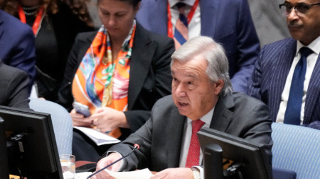 енералният секретар на ООН Антониу Гутериш говори пред Съвета за сигурност, 24 октомври 2023 г.