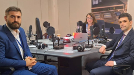 Andrey Novakov, Irina Nedeva, Nikola Minchev (from left to right) in the EP radio studios in Strasbourg