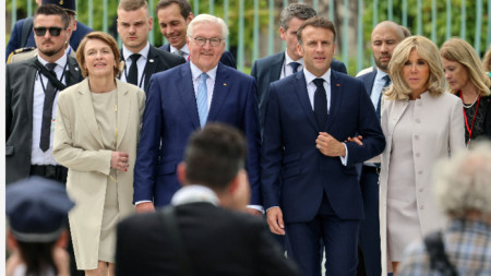 Отляво надясно - Елке Бюденбендер, президентът на Германия Франк-Валтер Щайнмайер, президентът на Франция Еманюел Макрон и Бриджит Макрон - Берлин, 26 май 2024