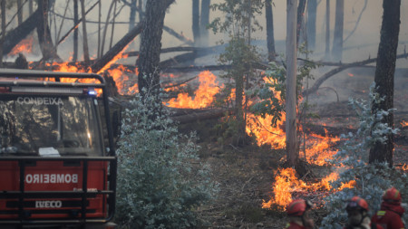 Огнеборци се опитват да потушат един от пожарите, бушуващи в Португалия, 10 юли 2022 г.