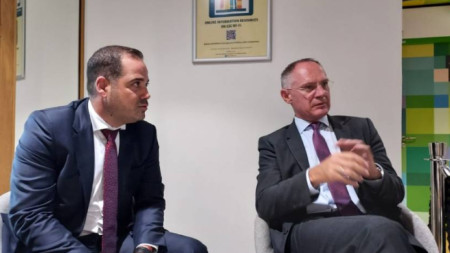 Bulgarian Minister of the Interior Kalin Stoyanov (L) met withhis Austrian counterpart Gerhard Karner in Brussels, September 28, 2023.