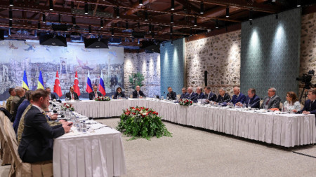 Кадър от първия кръг руско-украински преговори за мирно уреждане на конфликта в Украйна в двореца Долмабахче в Истанбул на 16 май 2025 г.