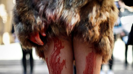 Испанска активистка протестира с палто от естествена кожа и изкуствена кръв в защита на животните, избивани заради кожата им.