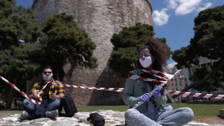 Музиканти протестират в Солун срещу отражението на пандемията върху сектора им, 7 май 2020 г.
