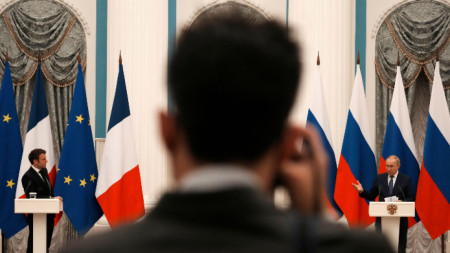 Путин и Макрон на пресконференцията след разговорите им в Кремъл, Москва, 7 февруари 2022 г.