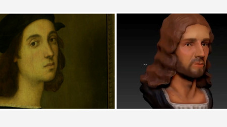 Автопортрет и триизмерна реконструкция на лицето на Рафаело. 