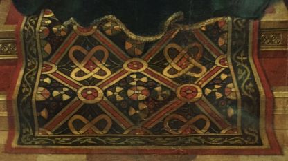 Фрагмент от картина на холандския художник Петрус Кристос от 1457 г. с реалистично изображение на тъкан ориенталски килим..