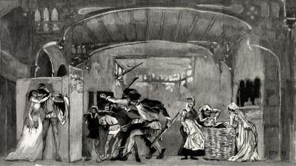 Гравюра от Еторе Тито (графика, 18 февруари, 1893 г.) на оригиналната продукция на операта „Фалстаф“ на Верди.