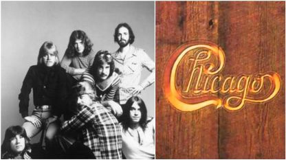 Групата „Чикаго“ през 1972 година и корицата на техният пети албум, известесн като „дървеният“ (заради снимката на корицата), финалът на който е песента „Алма Матер“