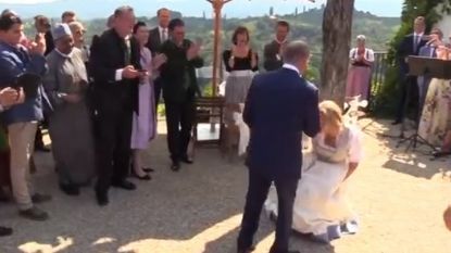 Кадър от края на танца, когато австрийската външна министърка Карин Кнайсъл прави дълбок поклон пред руския президент Владимир Путин на сватбата ѝ.