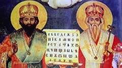 Vëllezërit e shenjtë Kiril dhe Metodij - një detal i ikonës nga viti 1863, Manastiri Zograf, Aton.
