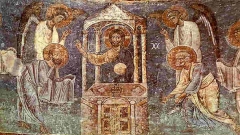 Die Kommunion der Apostel, Detail einer Wandmalerei aus dem 11. Jahrhundert in der Sophienkirche in Ohrid.