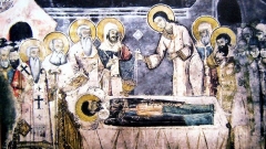 Τοιχογραφία της κοιμήσεως του Αγίου Ναούμ στο καθοικό της Μονής του Αγίου Ναούμ στην Αχρίδα