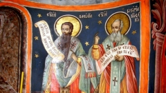 Ο Άγιος Βασίλειος ο Μέγας στην τοιχογραφία της Λειτουργίας των Αρχιερέων στο παρεκκλήσι του Αγίου Ιωάννη του Θεολόγου στη Μονή Ρίλας, 1821