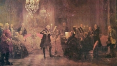 На снимката: Крал Фридрих II изпълнява концерт за флейта в замъка Сансуси, а на клавесина е К.Ф.Е. Бах. (фрагмент от маслено платно от Адолф фон Менцел, 1852 г.)